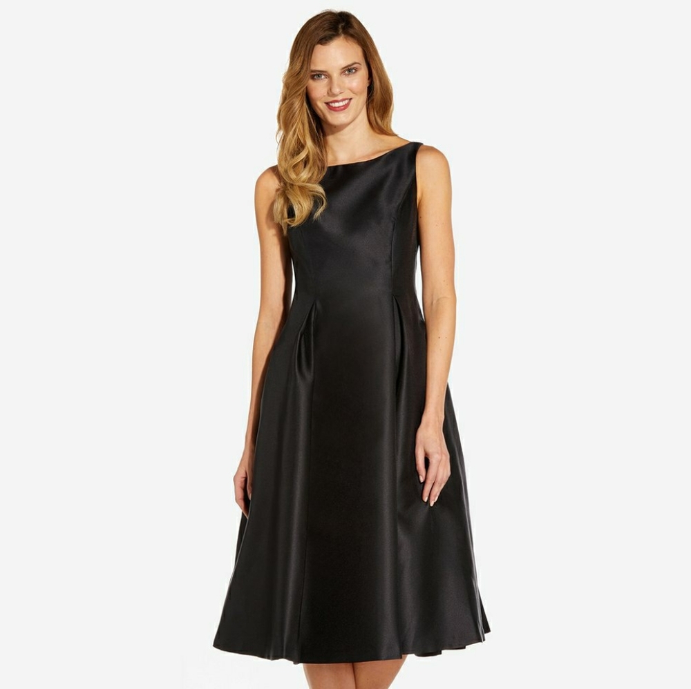 SLEEVELESS MIKADO FIT & FLARE MIDI DRESS IN BLACK